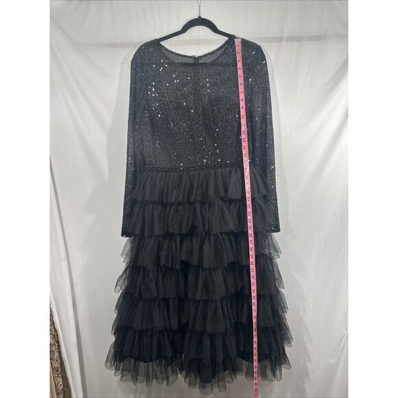 NWT‎ IEENA Mac Duggal [ 8 ] 26299 Long Sleeve Ruffle Tiered Midi Dress BLACK - Picture 4 of 10